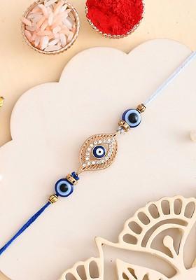 Evil Eye Beaded Thread Rakhi With Roli Chawal And Greeting Card