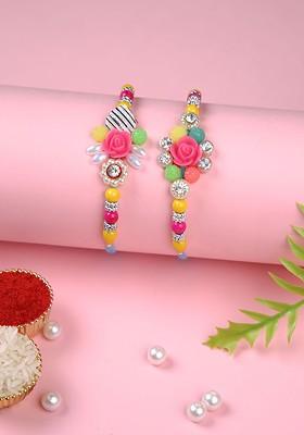 Set Of 2 Floral Beaded Thread Rakhi With Roli Chawal And Greeting Card