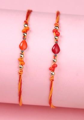 Set Of 2 Beaded Thread Rakhi With Roli Chawal And Greeting Card