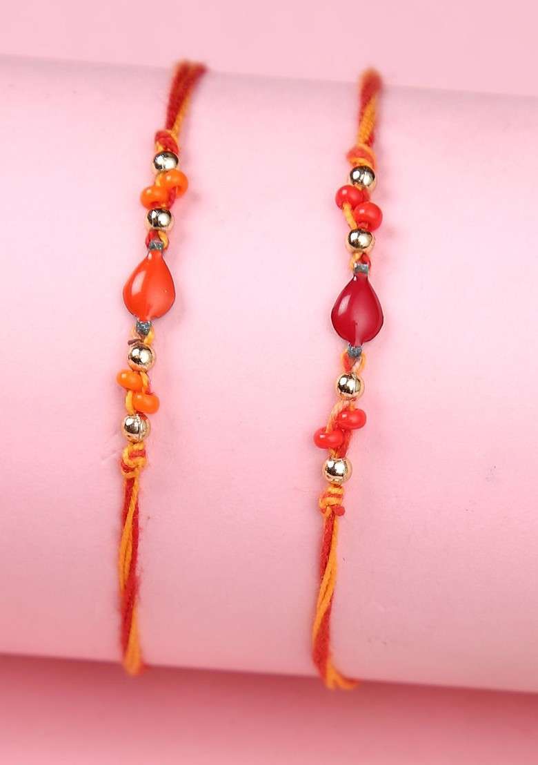 Set Of 2 Beaded Thread Rakhi With Roli Chawal And Greeting Card - Indya