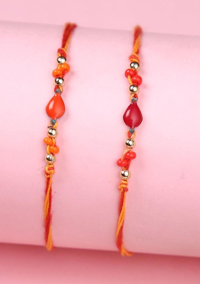 Set Of 2 Beaded Thread Rakhi With Roli Chawal And Greeting Card