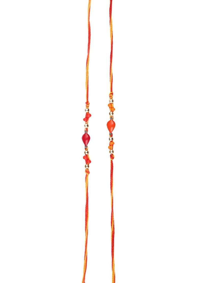 Set Of 2 Beaded Thread Rakhi With Roli Chawal And Greeting Card - Indya