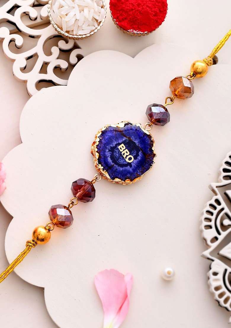 Beaded Thread Rakhi With Roli Chawal And Greetings Card - Indya