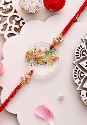 Beaded Thread Rakhi With Roli Chawal And Greetings Card