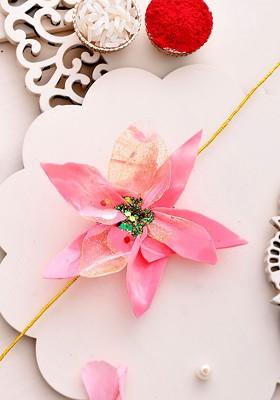 Floral Thread Rakhi With Roli Chawal And Greetings Card