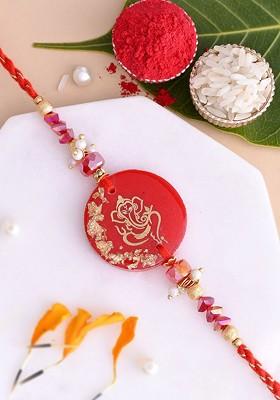 Lord Ganesha Beaded Rakhi With Roli Chawal And Greetings Card