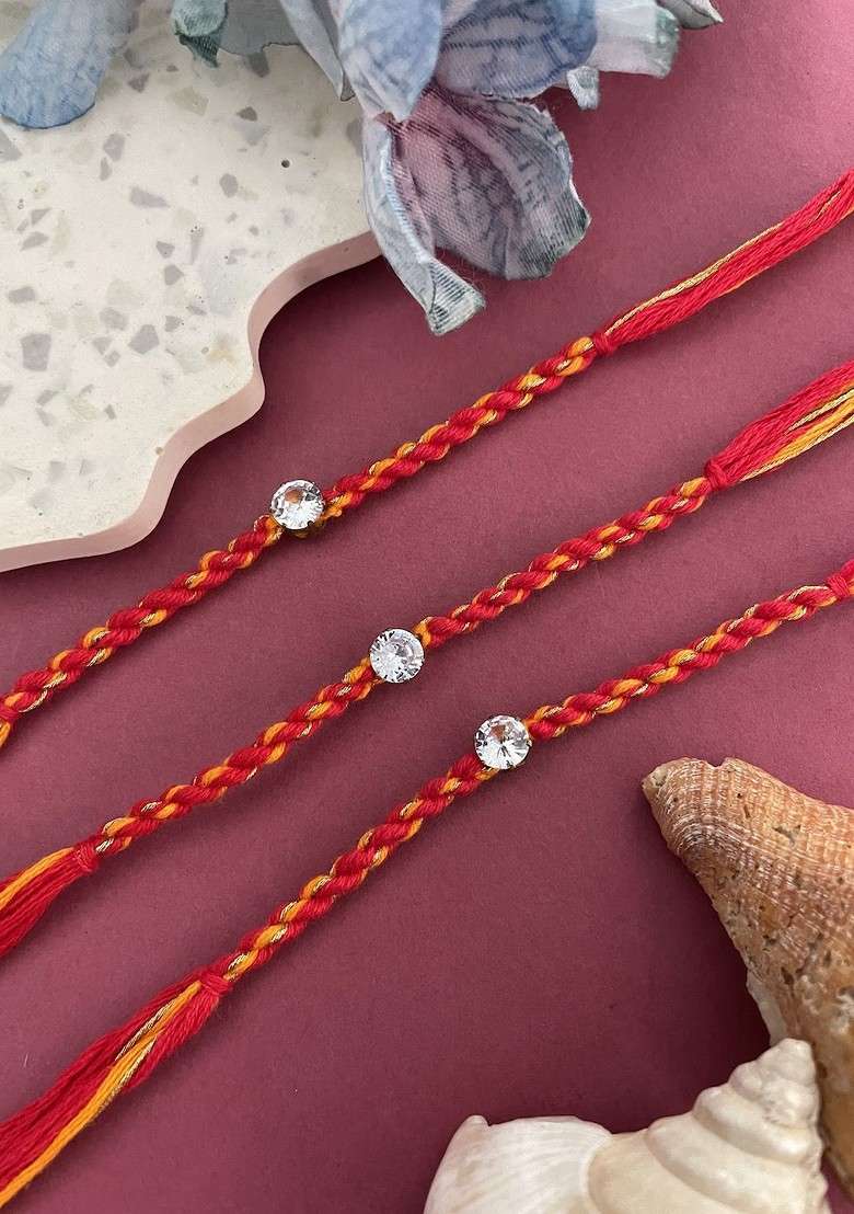 Set Of 3 Stone Studded Thread Rakhi - Indya