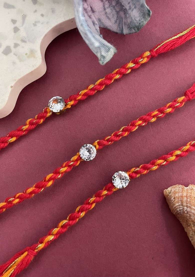 Set Of 3 Stone Studded Thread Rakhi - Indya