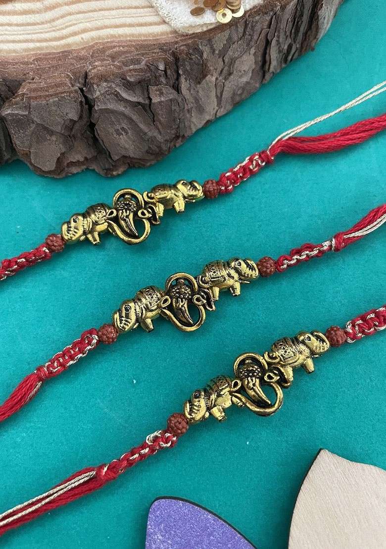 Set Of 3 Beaded Thread Rakhis - Indya