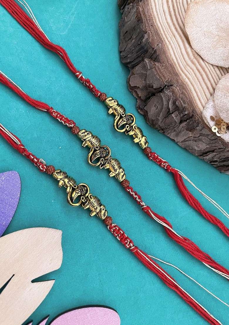 Set Of 3 Beaded Thread Rakhis - Indya