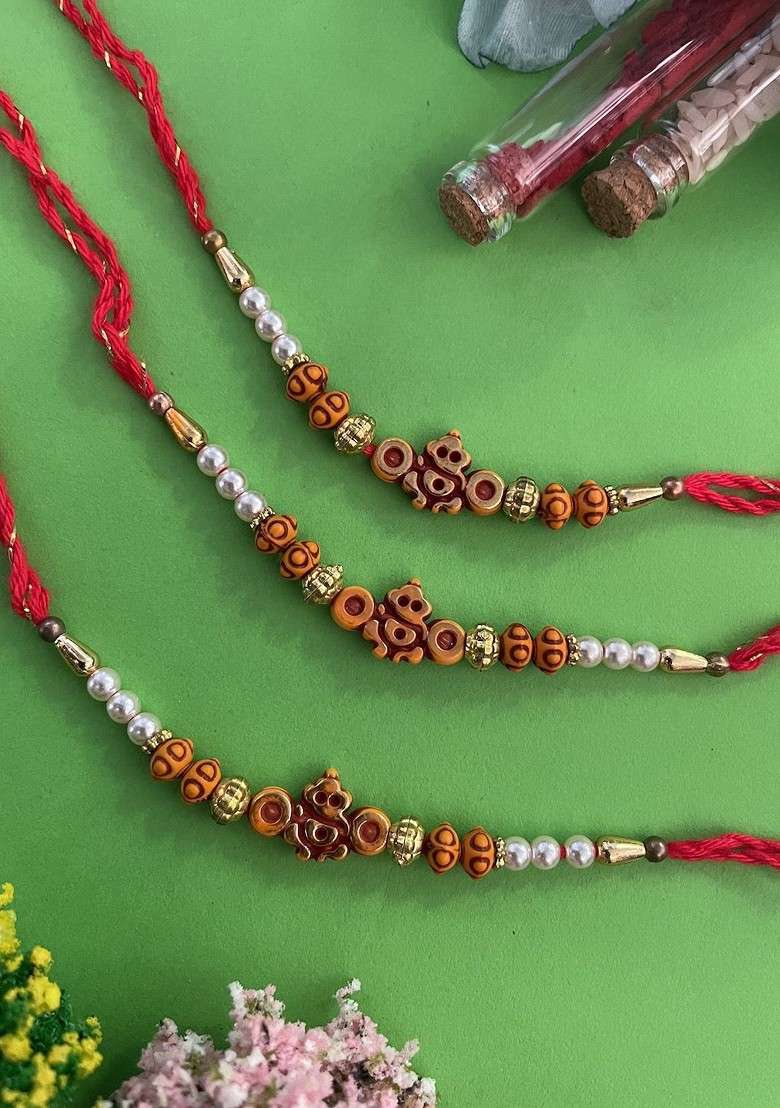 Set Of 3 Beaded Thread Rakhis - Indya