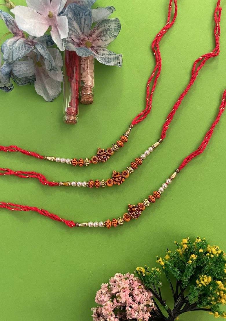 Set Of 3 Beaded Thread Rakhis - Indya