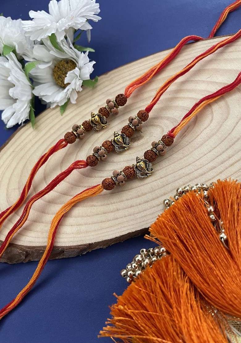 Set Of 3 Ganesha And Rudraksha Thread Rakhis With Roli Chawal - Indya