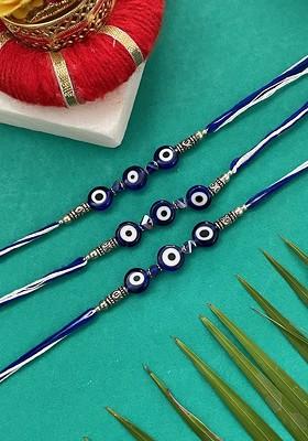 Set Of 3 Evil Eye Beaded Thread Rakhis With Roli Chawal