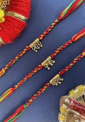 Set Of 3 Beaded Thread Rakhis With Roli Chawal