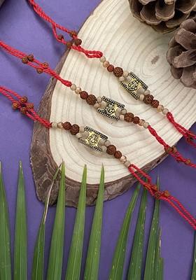 Set Of 3 Ganesh And Rudraksh Thread Rakhi