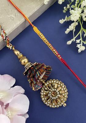 Set Of 2 Stone Studded And Beaded Lumba Thread Rakhis With Roli Chawal