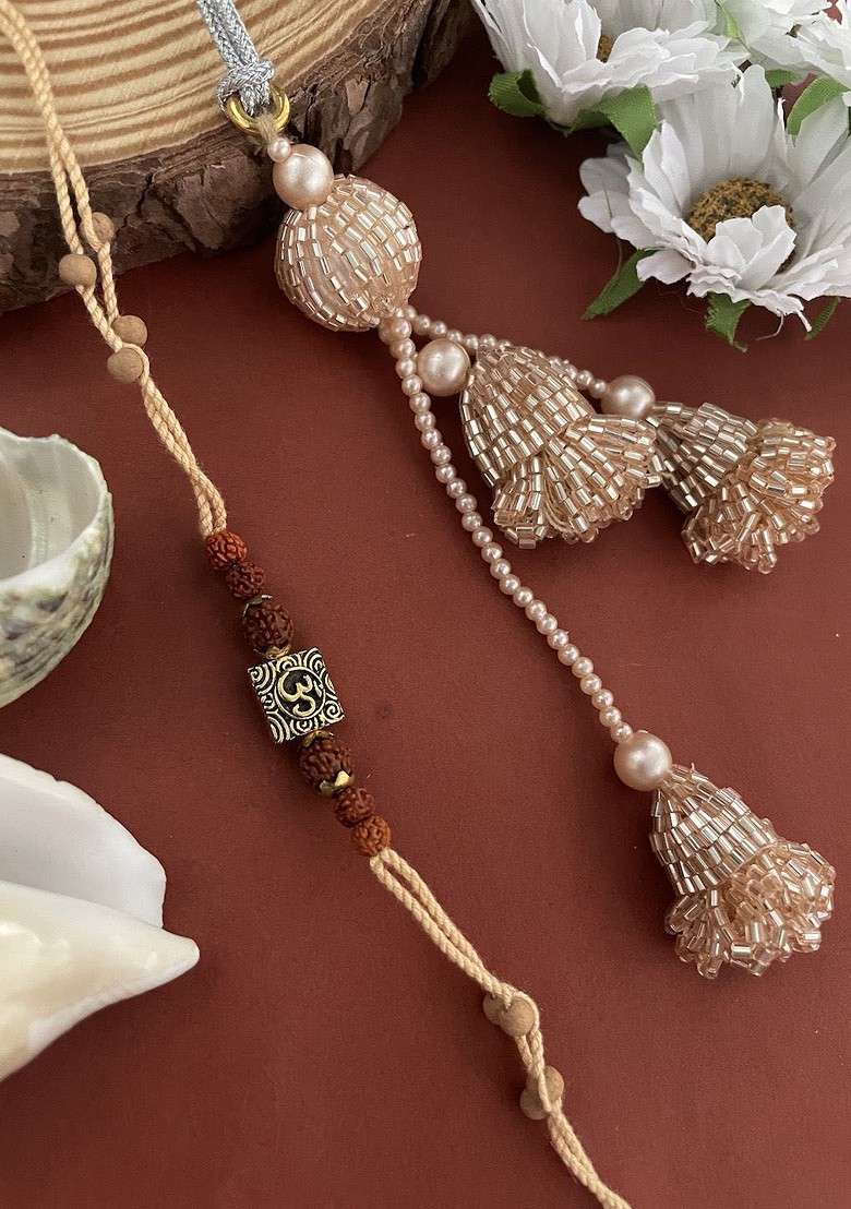 Set Of 2 Om Beaded Lumba Thread Rakhis With Roli Chawal - Indya