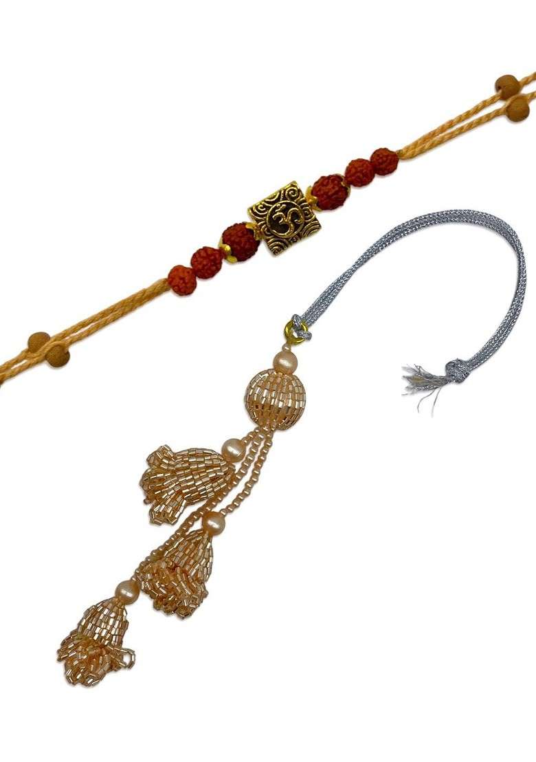 Set Of 2 Om Beaded Lumba Thread Rakhis With Roli Chawal - Indya