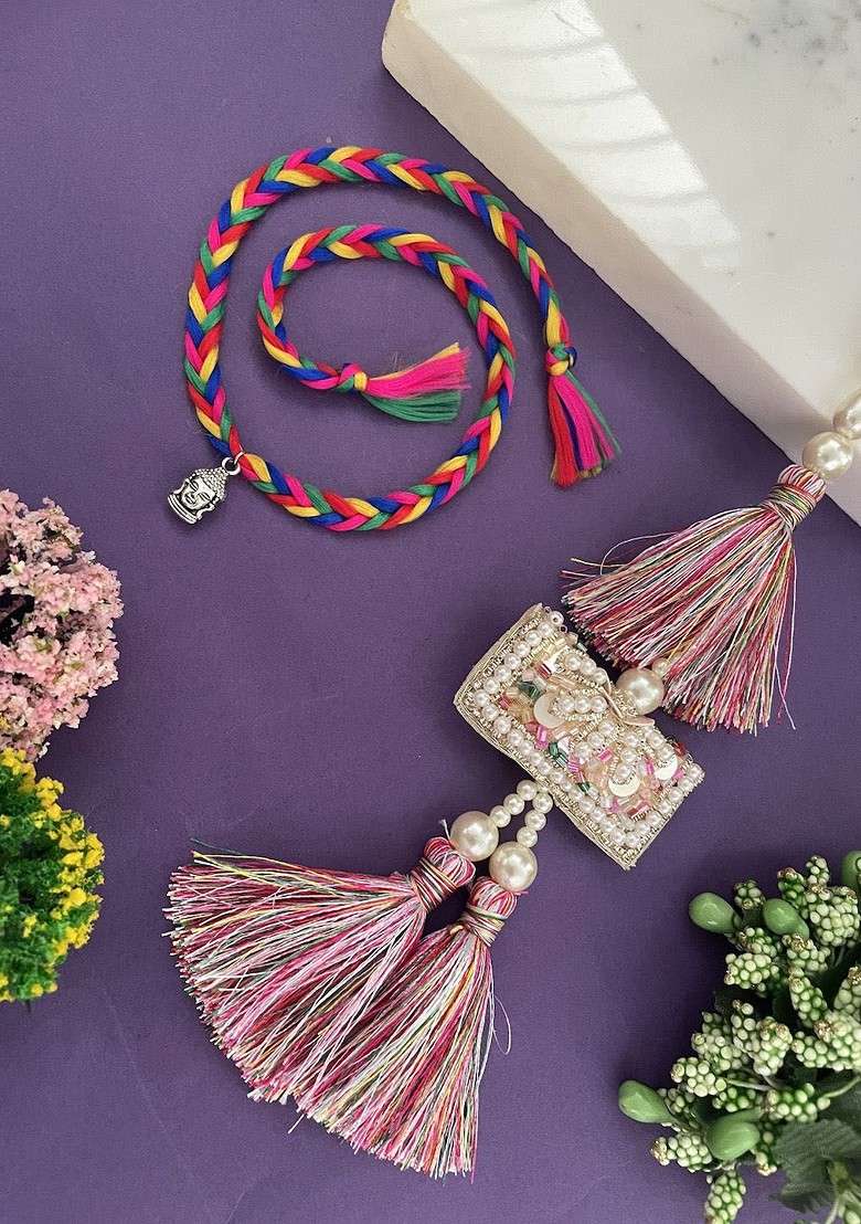 Set Of 2 Buddha And Beaded Lumba Rakhis With Roli Chawal - Indya