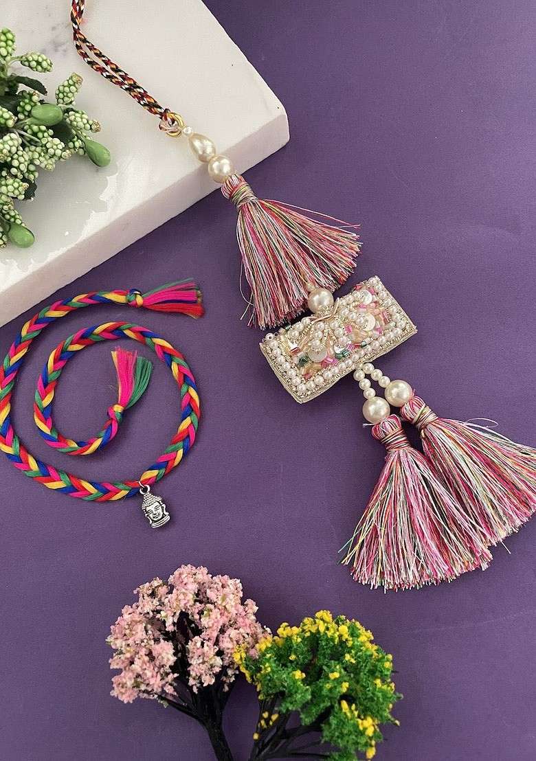 Set Of 2 Buddha And Beaded Lumba Rakhis With Roli Chawal - Indya
