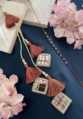 Set Of 2 Beaded And Mirror Lumba Thread Rakhi