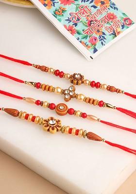 Set Of 4 Red Artificial Stones And Beads Floral Thread Rakhi With Roli Chawal Chandan