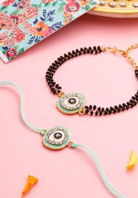 Set Of 2 Green Round Artificial Stones Bhaiya Bhabhi Rakhi With Roli Chawal