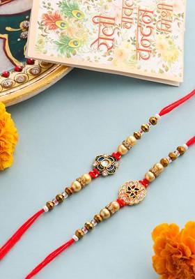 Set Of 2 Red Artificial Stones Bhaiya Bhabhi Rakhi With Roli Chawal Chandan Mishri