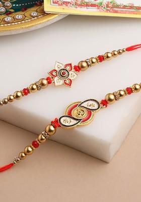 Set Of 2 Red Artificial Beads Floral Bhaiya Bhabhi Rakhi With Roli Chawal