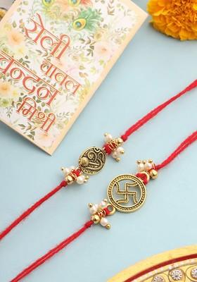 Set Of 2 Gold Toned Pearls Swastik Desgin Bhaiya Bhabhi Rakhi With Roli Chawal