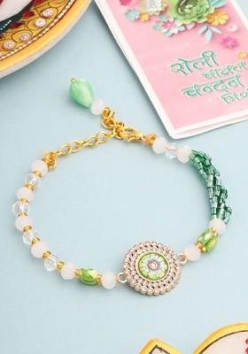 Women Green Artificial Stones And Beads Floral Wraparound Rakhi With Roli Chawal