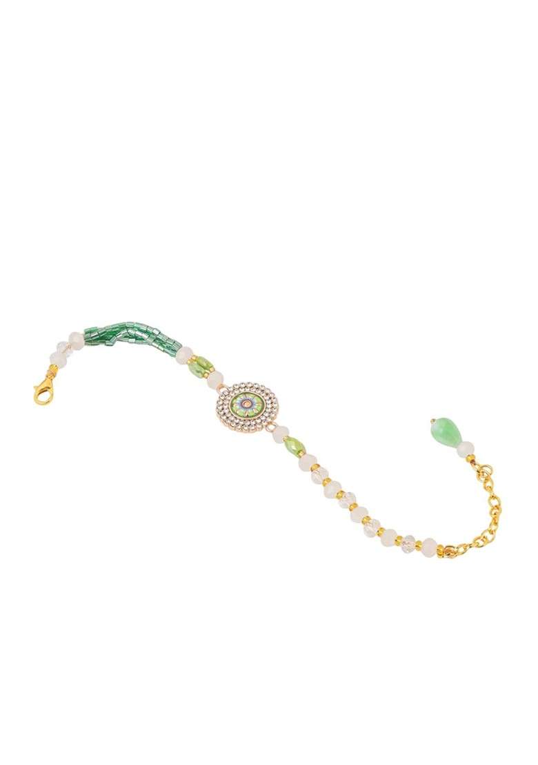 Women Green Artificial Stones And Beads Floral Wraparound Rakhi With Roli Chawal - Indya