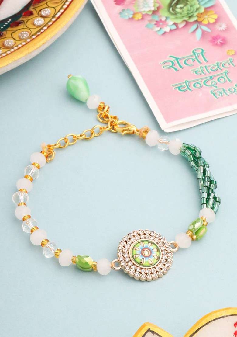 Women Green Artificial Stones And Beads Floral Wraparound Rakhi With Roli Chawal - Indya