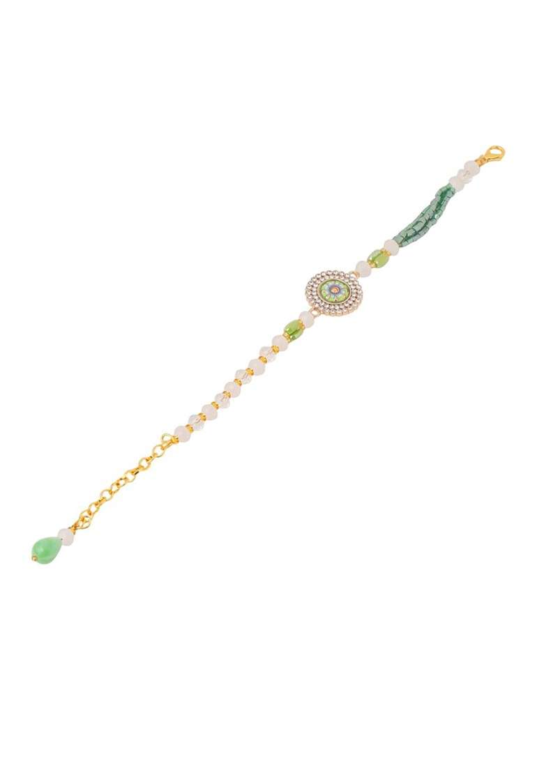Women Green Artificial Stones And Beads Floral Wraparound Rakhi With Roli Chawal - Indya