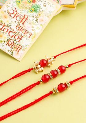 Men Set Of 3 Red Artificial Beads And Pearls Thread Rakhi With Roli Chawal Chandan