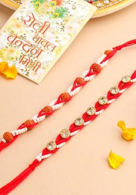 Set Of 2 Red Artificial Stones And Rudraksh Bhaiya Bhabhi Rakhi With Roli Chawal