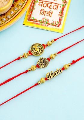 Men Set Of 3 Gold Toned Thread Rakhi With Roli Chawal Chandan And Mishri