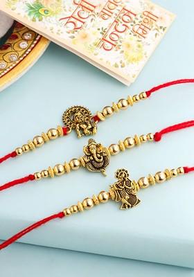 Men Set Of 3 Gold Toned Designer Ganesh Ji Thread Rakhi With Roli Chawal Chandan