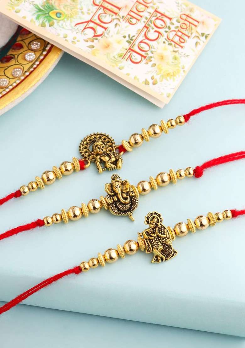 Men Set Of 3 Gold Toned Designer Ganesh Ji Thread Rakhi With Roli Chawal Chandan - Indya