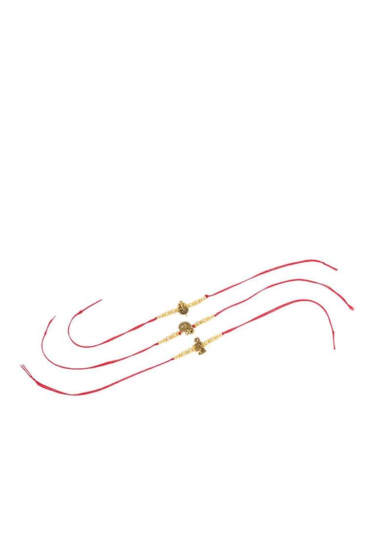Men Set Of 3 Gold Toned Designer Ganesh Ji Thread Rakhi With Roli Chawal Chandan - Indya