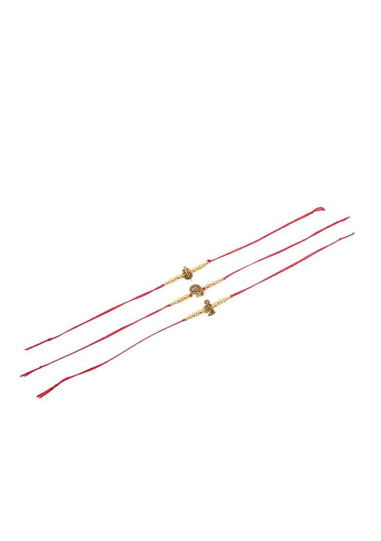 Men Set Of 3 Gold Toned Designer Ganesh Ji Thread Rakhi With Roli Chawal Chandan - Indya