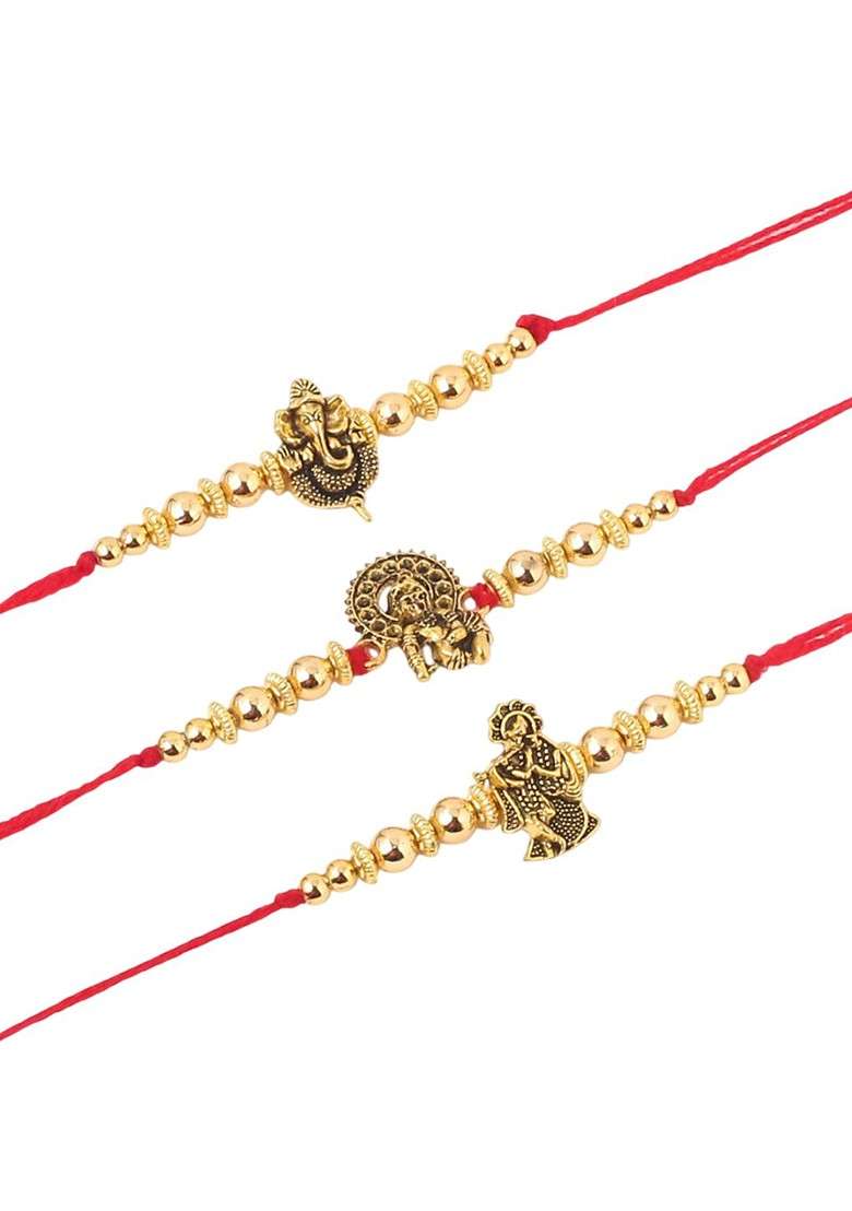 Men Set Of 3 Gold Toned Designer Ganesh Ji Thread Rakhi With Roli Chawal Chandan - Indya