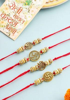 Set Of 4 Gold Toned Artificial Stones Swastik Design Thread Rakhi With Roli Chawal