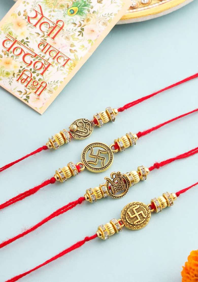 Set Of 4 Gold Toned Artificial Stones Swastik Design Thread Rakhi With Roli Chawal - Indya