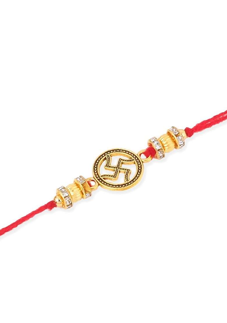 Set Of 4 Gold Toned Artificial Stones Swastik Design Thread Rakhi With Roli Chawal - Indya