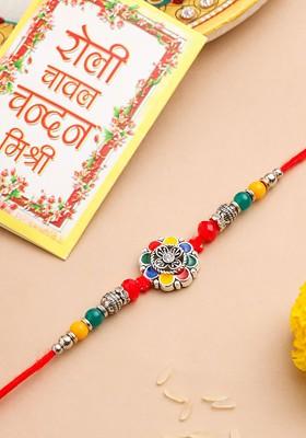 Men Multicolor Artificial Stones And Beads Floral Thread Rakhi With Roli Chawal