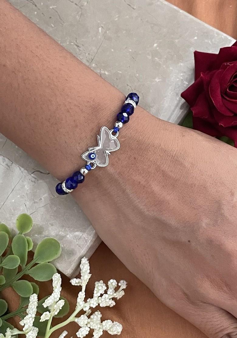 Butterfly Enamel Evil Eye Beaded Thread Rakhi - Indya