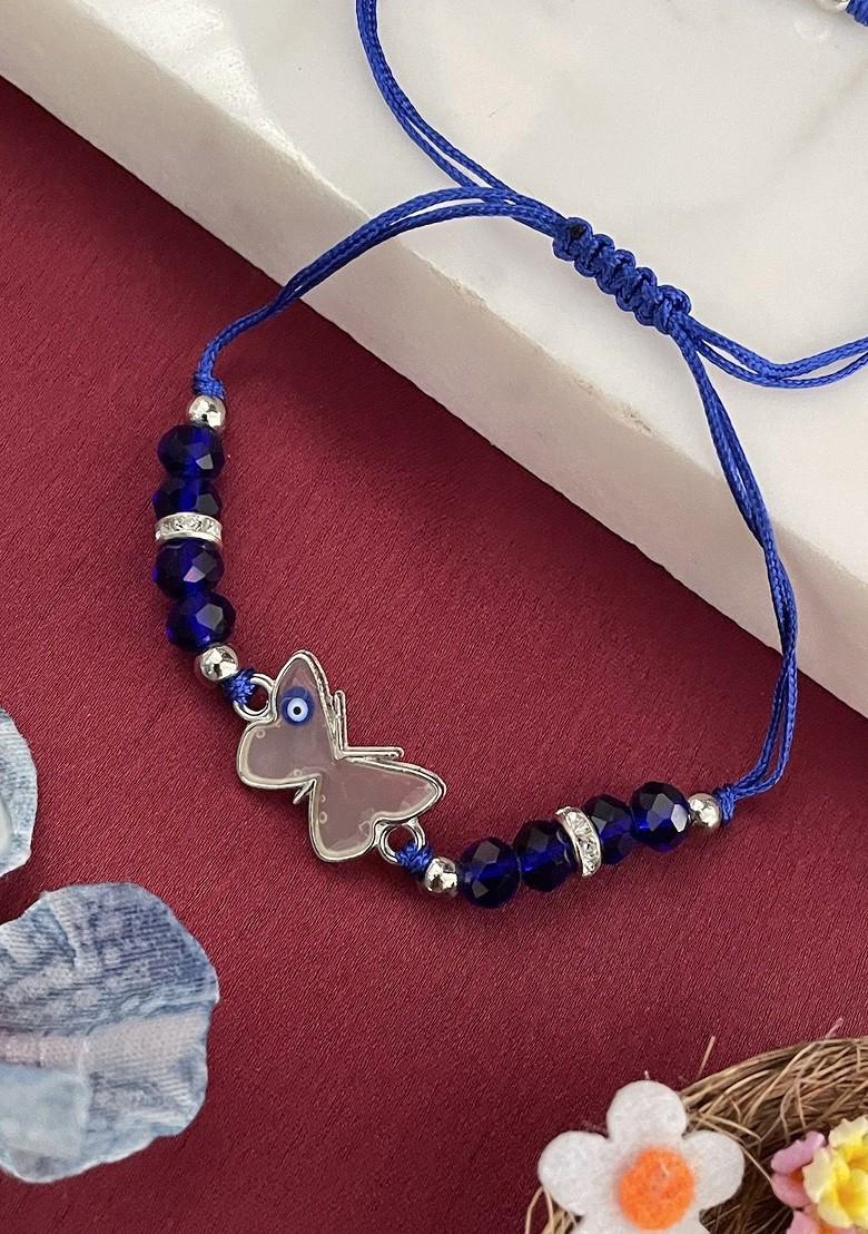 Butterfly Enamel Evil Eye Beaded Thread Rakhi - Indya