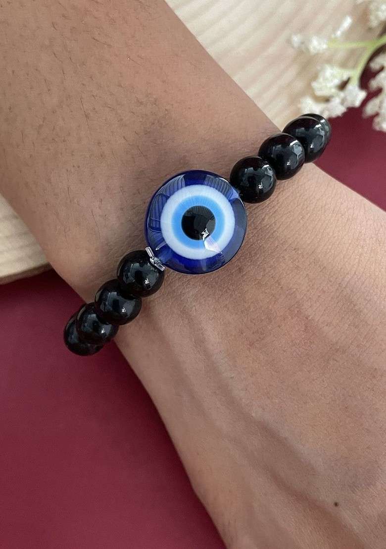 Crystal Beaded And Evil Eye Elasticated Rakhi - Indya